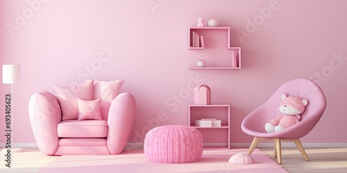 Modern stylish interior pink children s room in barbie style  minimalistic 