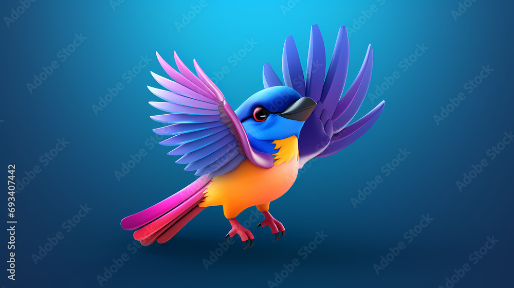 Obraz premium Stylized 3D birds perched on branches, showcasing vibrant colors and a serene representation of nature.