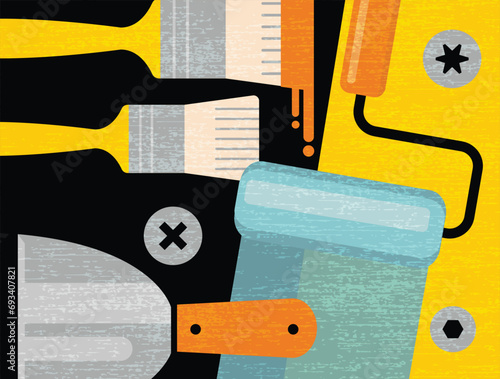 Abstract collage of painting and prep tools and for home improvement. Modern vector illustration for artwork, layouts, social media, print