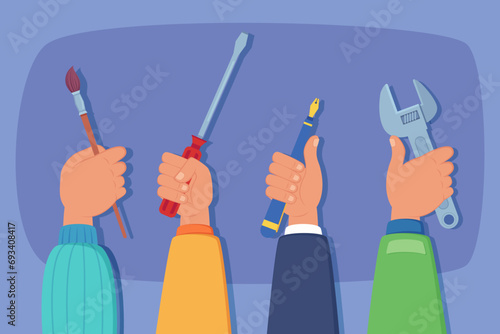 Hands holding different tools: brush, fountain pen, screwdriver, wrench. Vector illustration. Collaboration of professionals, working together, occupation concept