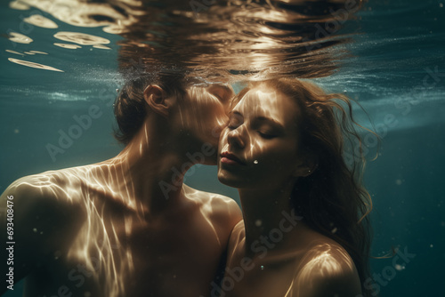 Mann und Frau küssen sich Unterwasser photo