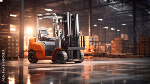 A modern forklift for working in a warehouse, loading, unloading and transporting goods. Logistics warehouse. © Anoo