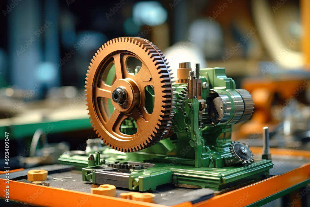 Photo of a detailed photograph of a mechanical gear wheel. Modern metal processing at an industrial enterprise. Manufacturing of high-precision parts and mechanisms.