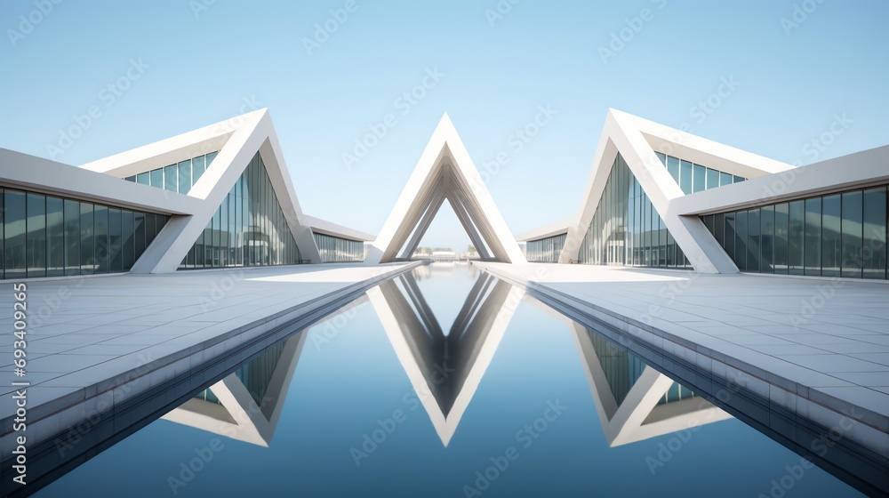 a triangular shaped building with a pool of water - obrazy, fototapety, plakaty 