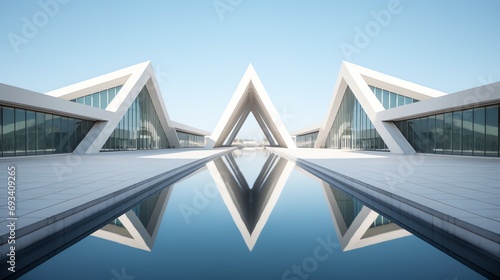 a triangular shaped building with a pool of water photo