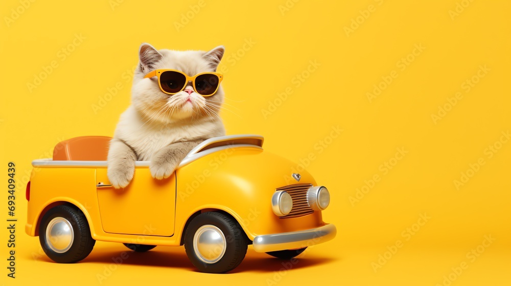 a cat in sunglasses sitting in a toy car - obrazy, fototapety, plakaty 