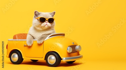 a cat in sunglasses sitting in a toy car photo