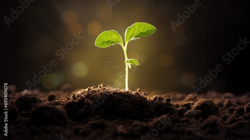 a green plant growing out of dirt