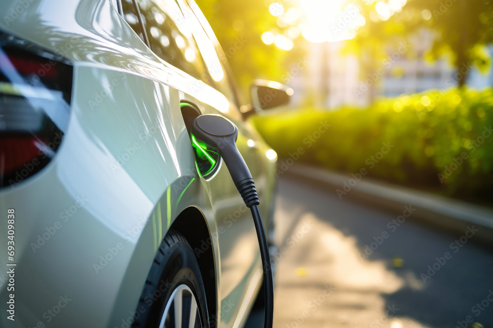Charging electric station for charging cars in the underground parking. The concept of ecological energy systems. Charging electric station for charging cars in the underground parking. The concept of ecological energy systems.