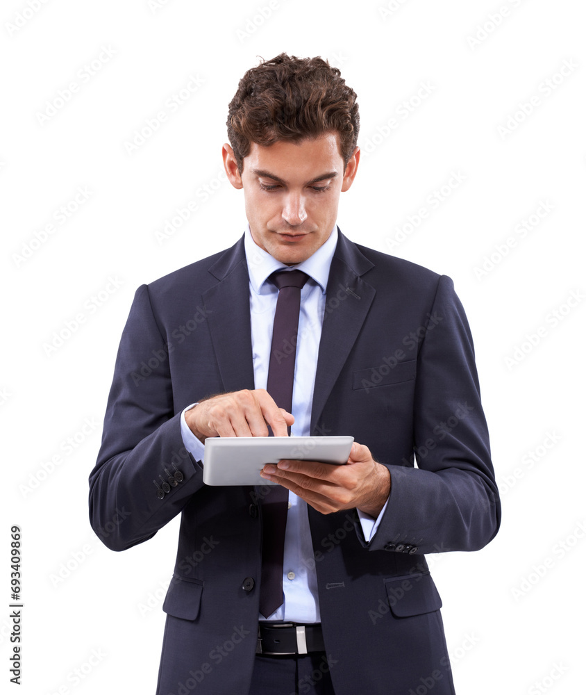 Business man, studio and scroll on tablet in online research, stock market investment or trading software. Professional trader or corporate analyst typing on digital technology on a white background Business man, studio and scroll on tablet in online research, stock market investment or trading software. Professional trader or corporate analyst typing on digital technology on a white background