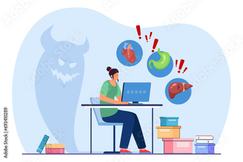 Woman sitting and working on computer vector illustration. Influence of sedentary job on heart, stomach, liver. Monster silhouette on background. Harm of sedentary lifestyle concept
