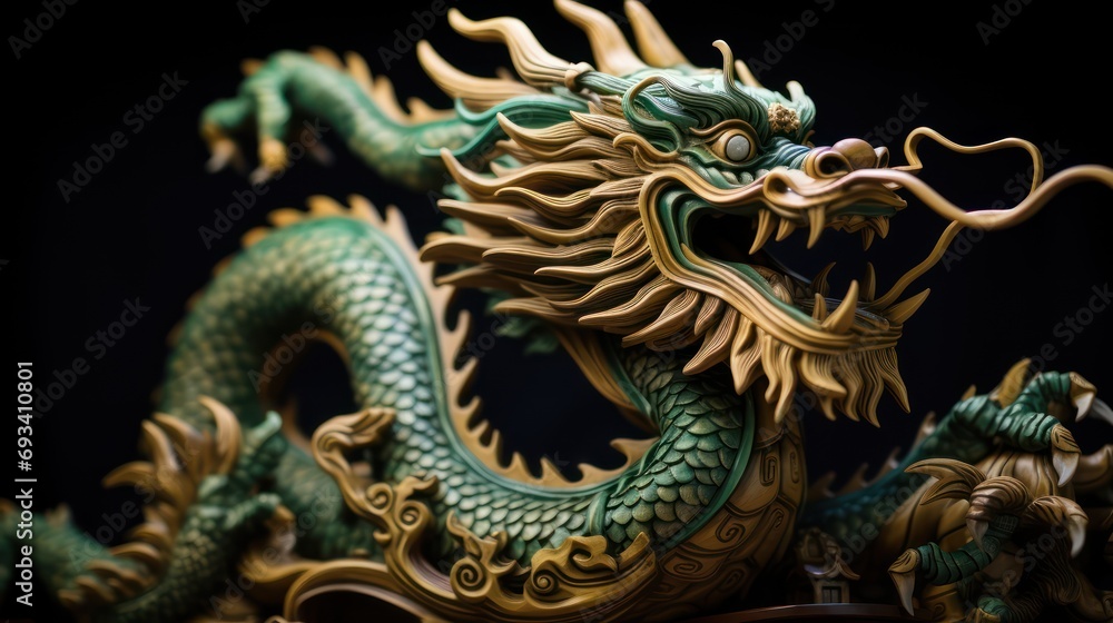 A Powerful green carved wooden dragon terrifying Chinese wood carving art Chinese New Year 2024 concept New Year greeting card background. A Powerful green carved wooden dragon terrifying Chinese wood carving art Chinese New Year 2024 concept New Year greeting card background.