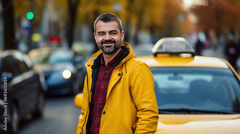 Handsome taxi driver near car on city street Handsome taxi driver near car on city street