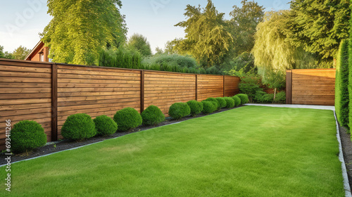 green grass lawn, flowers and wooden fence in summer backyard garden #693411266