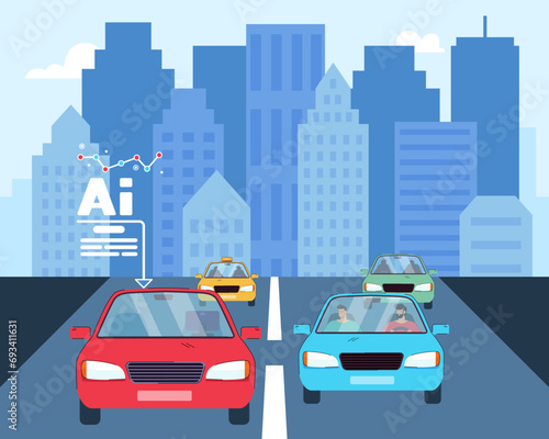 Unmanned ground vehicle on road among cars with drivers. Vector illustration. Traffic in big modern city. Introduction of driverless cars, traffic, artificial intelligence concept