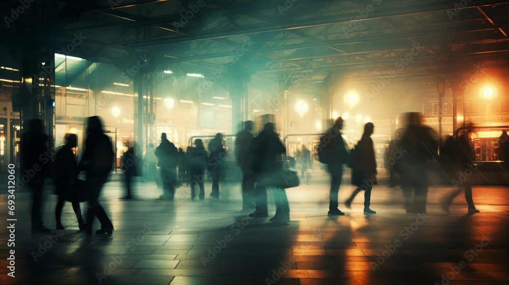 Train station passengers at night with blur effect