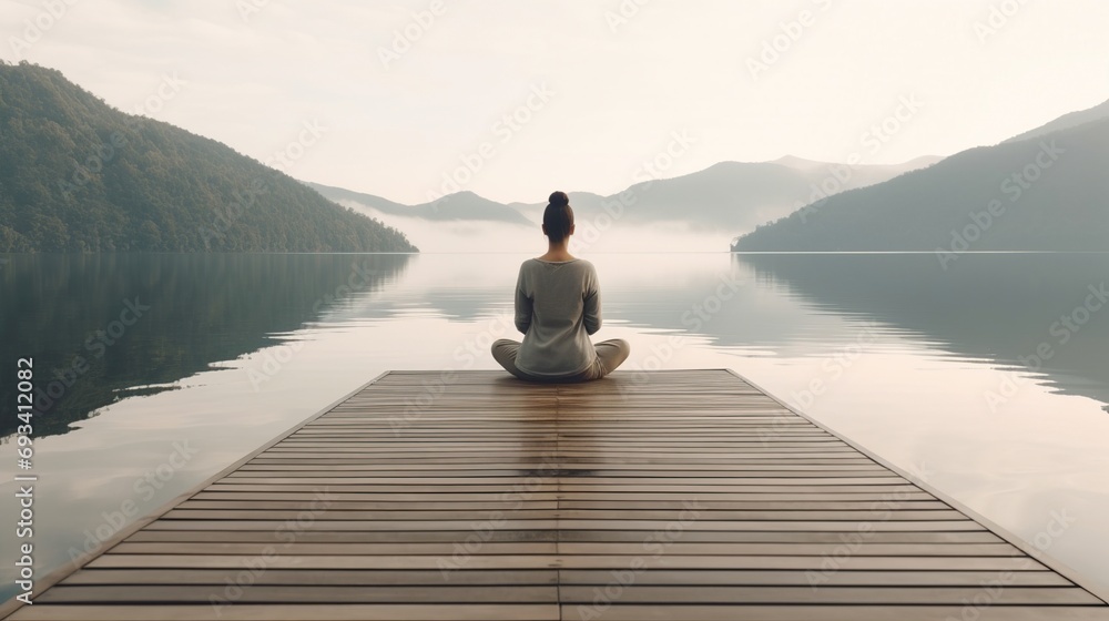 woman meditating while practicing yoga near lake in summer, sitting on wooden pierRear view of unrecognizable serene woman meditating while practicing yoga near lake in summer, sitting on wooden pier - obrazy, fototapety, plakaty 
