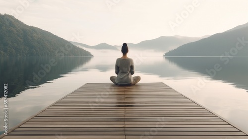 woman meditating while practicing yoga near lake in summer, sitting on wooden pierRear view of unrecognizable serene woman meditating while practicing yoga near lake in summer, sitting on wooden pier photo