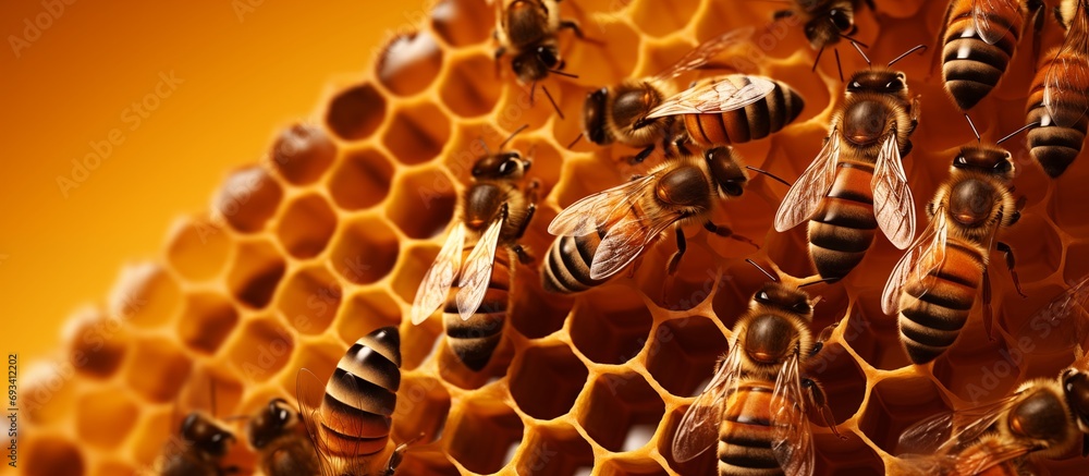 A Close-Up Glimpse into the Honeycomb Harmony, Where Bees Work Diligently Collecting Honey, Propolis, and Nectar in Their Vibrant Orange Haven A Close-Up Glimpse into the Honeycomb Harmony, Where Bees Work Diligently Collecting Honey, Propolis, and Nectar in Their Vibrant Orange Haven