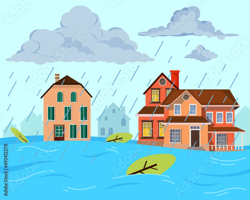 Heavy rain and flooded houses vector illustration. Weather, flood, disaster, climate change concept