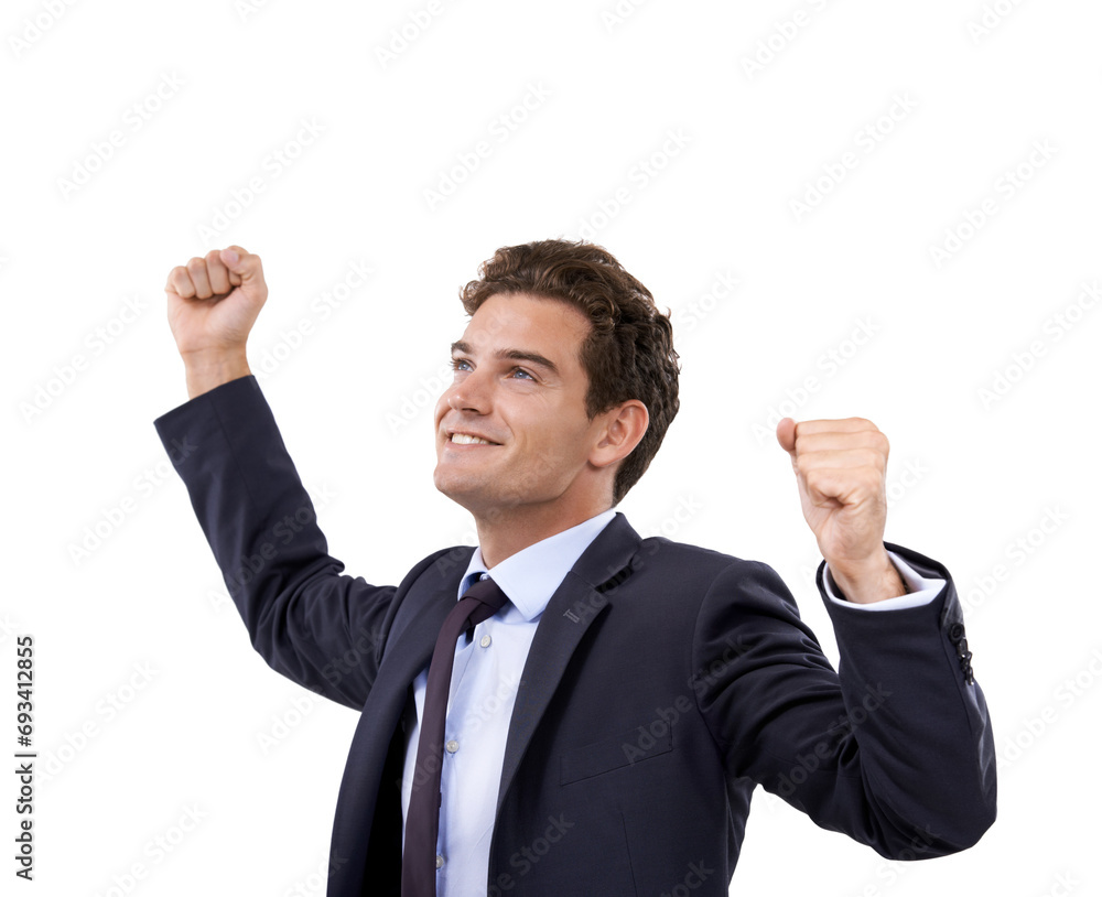 Business man, winner and fist in studio for success, power or achievement in stock market celebration. Excited corporate person or trader with yes, thinking of winning and goals on a white background Business man, winner and fist in studio for success, power or achievement in stock market celebration. Excited corporate person or trader with yes, thinking of winning and goals on a white background