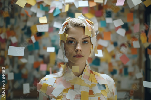 A woman covered in adhesive notes and to-do lists, depicting the concept of drowning in tasks and to-dos  photo