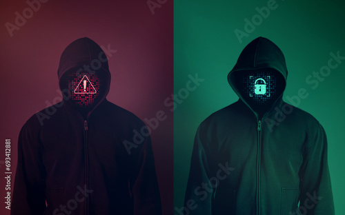 White hat Hacker and Black hat Hacker wearing hoods with protection and danger icons. concept of technology a programmer designing online security system and modifying a program to hack server.