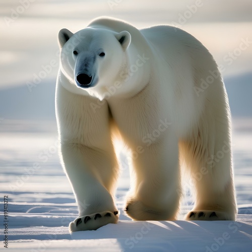 A powerful and stoic polar bear poses for its portrait  traversing a vast  icy landscape2