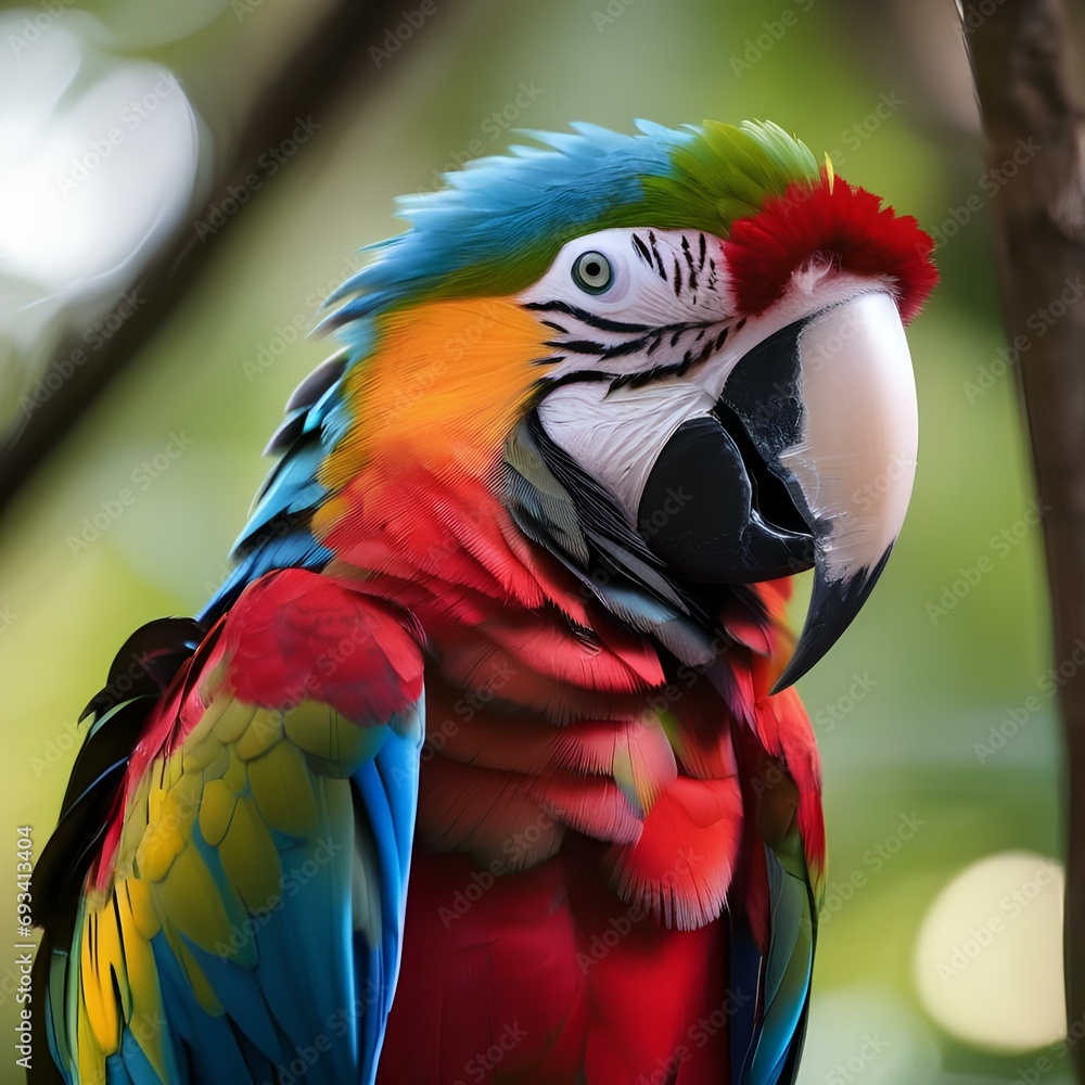 A portrait of a colorful macaw perched on a tree branch3