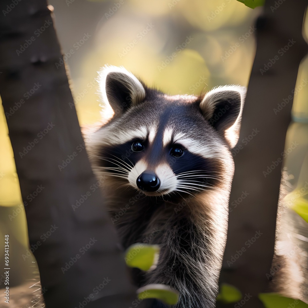 A portrait of a charming and curious raccoon peeking from a tree3