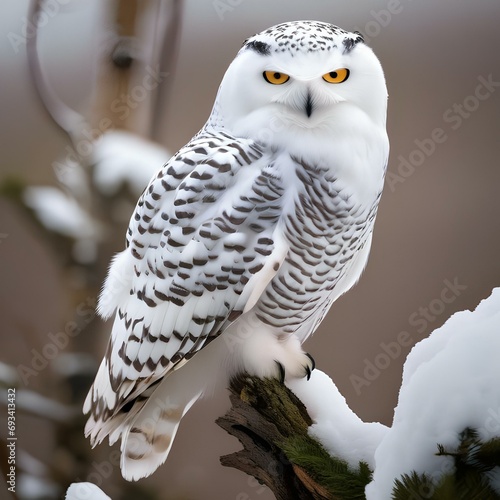 A portrait of a serene and majestic snowy owl perched on a snow-covered branch2