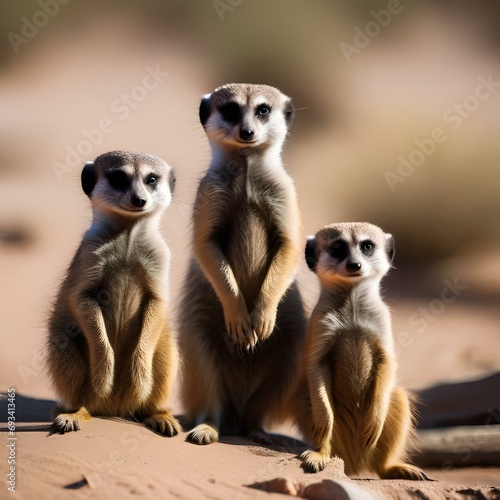 An alert meerkat family posing together for a group portrait in the African desert1