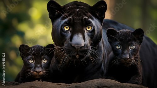 Black Panther Mother with Cubs / Schwarze Panthermutter mit Jungen photo