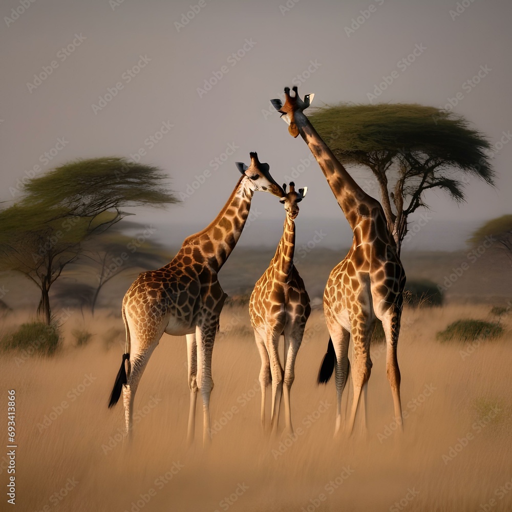 Obraz premium A portrait showcasing a group of giraffes grazing peacefully on the African savanna, their long necks stretched high2