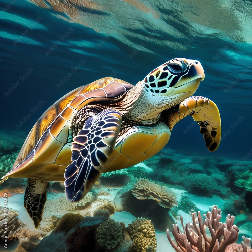 Fototapeta premium A serene sea turtle swimming gracefully, captured in a portrait among colorful coral reefs1