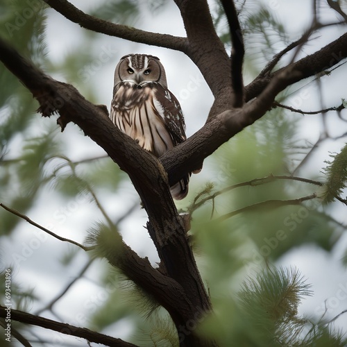 A portrait of a wise and weathered owl perched atop a tall tree1 photo