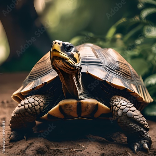 A portrait of a wise and ancient tortoise resting peacefully under a tree1 photo