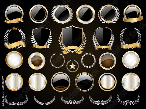 Golden shields laurel wreaths and badges collection 