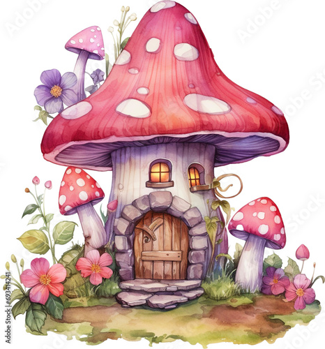 Beautiful mushroom house next to flower garden, cartoon style, 2d illustration, isolated on transparent background