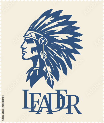 Illustration in vector format presenting the bust of a Native American chief with feathers crafted to serve as a logo or symbol for high-quality printing or stencil work