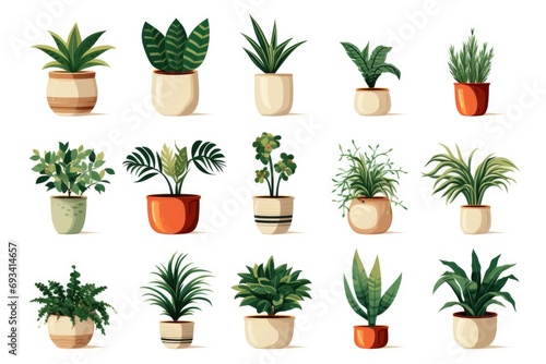 set of potted plant for office decoration isolated on white