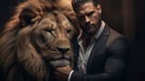 Alpha male concept man with a lion