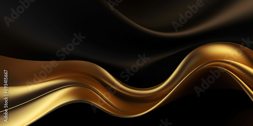 Abstract background with realistic golden and black wavy fluid shape. Interwined gold stripes. Generative AI