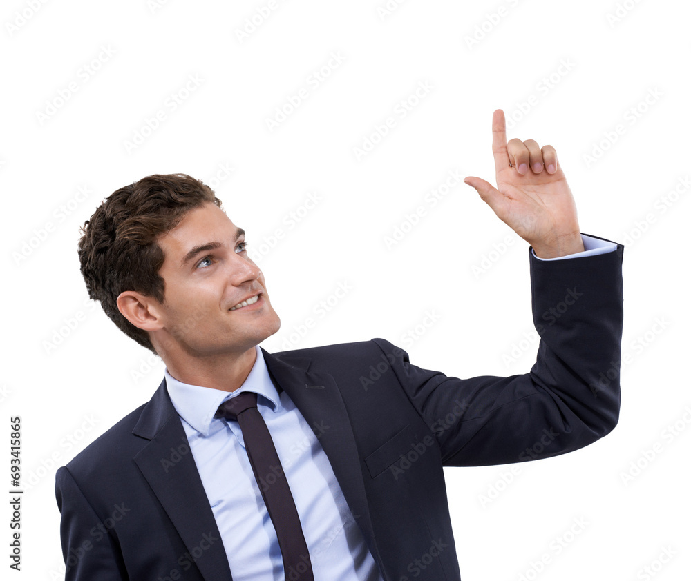 Studio, smile and corporate man pointing up at professional service, business information or company sales promotion. Direction, message or happy agent gesture at ads presentation on white background Studio, smile and corporate man pointing up at professional service, business information or company sales promotion. Direction, message or happy agent gesture at ads presentation on white background
