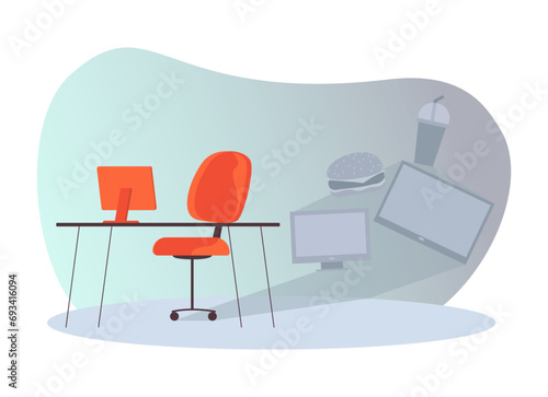 Table with computer and chair vector illustration. Fast food silhouettes on background. Harm of sedentary lifestyle concept