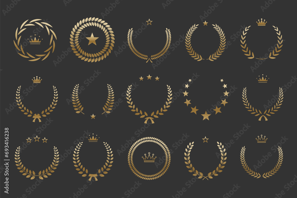 Gold laurel wreath winner award set vector illustration. Silvery branch of olive leaves or stars of victory symbol, triumph emblem decoration design, champion prize isolated on black background - obrazy, fototapety, plakaty 