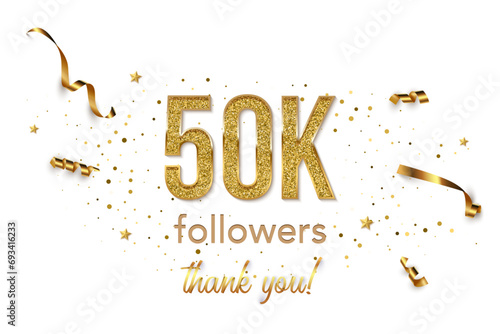 50000 followers celebration horizontal vector banner. Social media achievement poster. 50k followers thank you lettering. Golden sparkling confetti ribbons. Shiny gratitude text on white backdrop