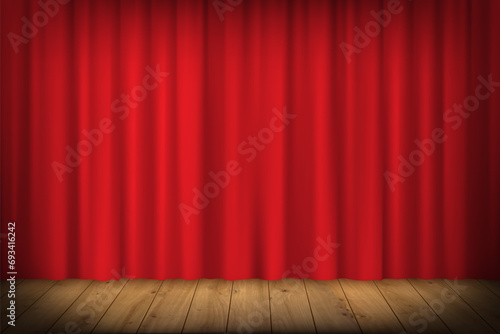 Red stage curtain on wood floor vector background. Scene of cinema, theater, opera, show, circus, movie, concert. Presentation concept