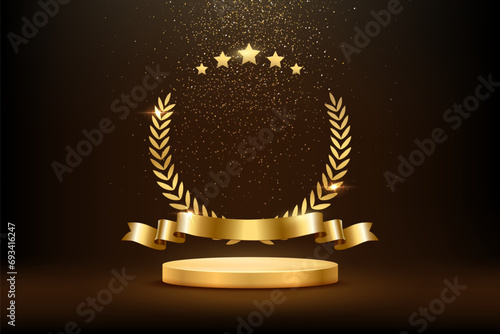 Gold award round podium with laurel wreath, ribbon, star, shiny glitter and sparkles isolated on dark background. Vector golden symbol of victory, achievement, success, rewarding of winner