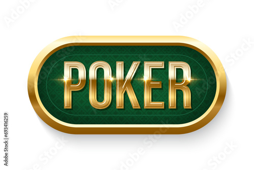 Poker green table background vector illustration. Realistic playing field with gold lettering poker for game blackjack on white background. Casino concept